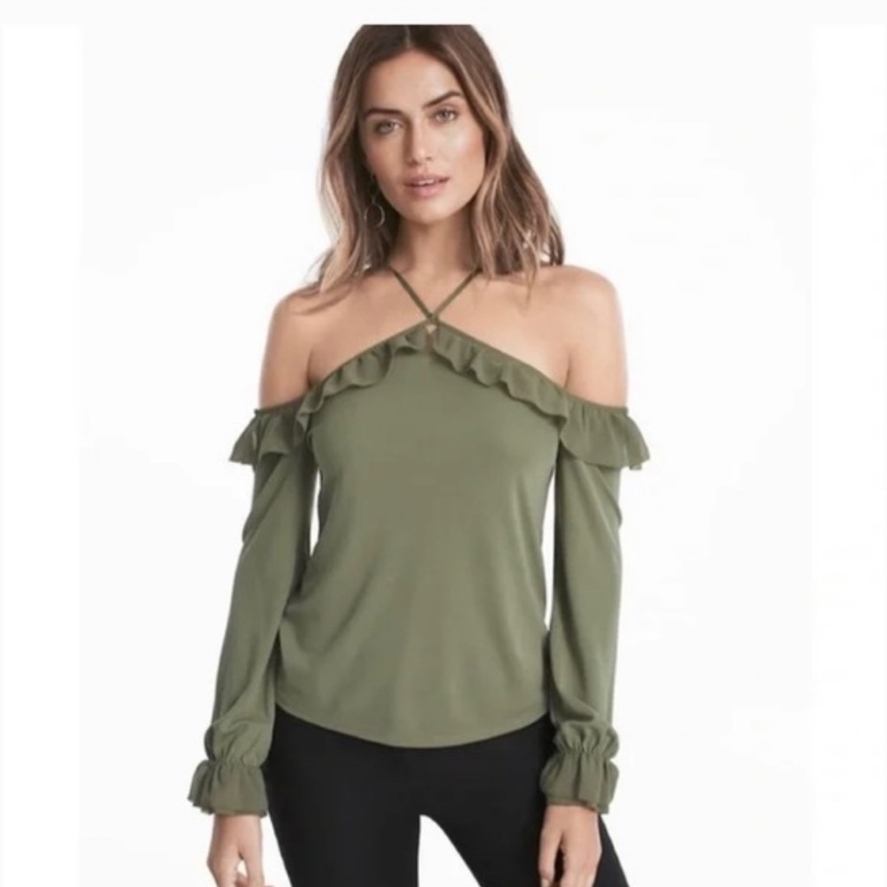 WHITE HOUSE BLACK MARKET MILITARY GREEN COLD SHOULDER BLOUSE NWOT - L